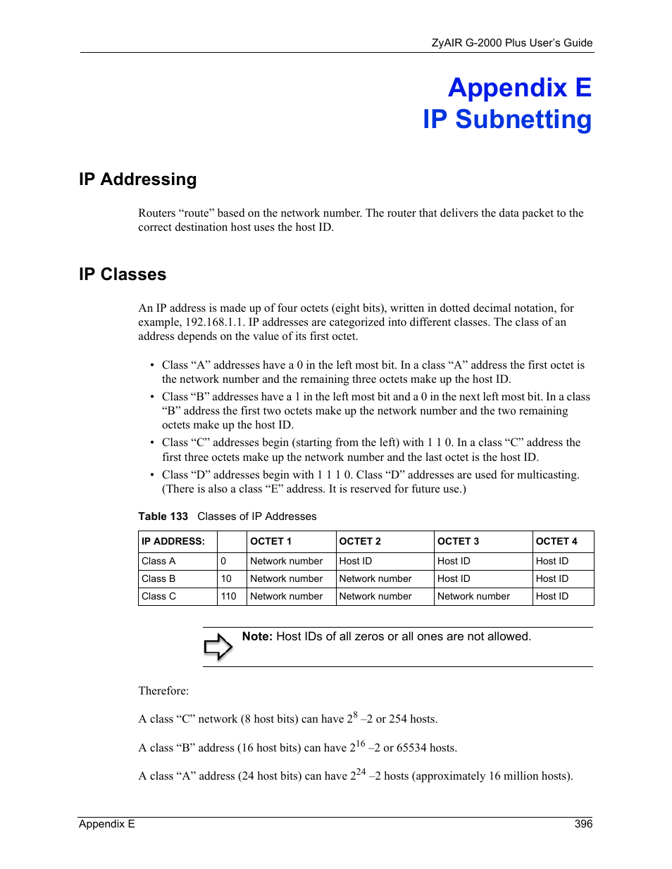 Appendix e, Ip subnetting, Ip addressing | Ip classes, Appendix e ip subnetting, Table 133 classes of ip addresses | ZyXEL Communications G-2000 Plus User Manual | Page 397 / 430