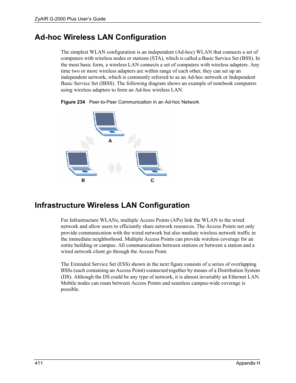 Ad-hoc wireless lan configuration, Infrastructure wireless lan configuration | ZyXEL Communications G-2000 Plus User Manual | Page 412 / 430