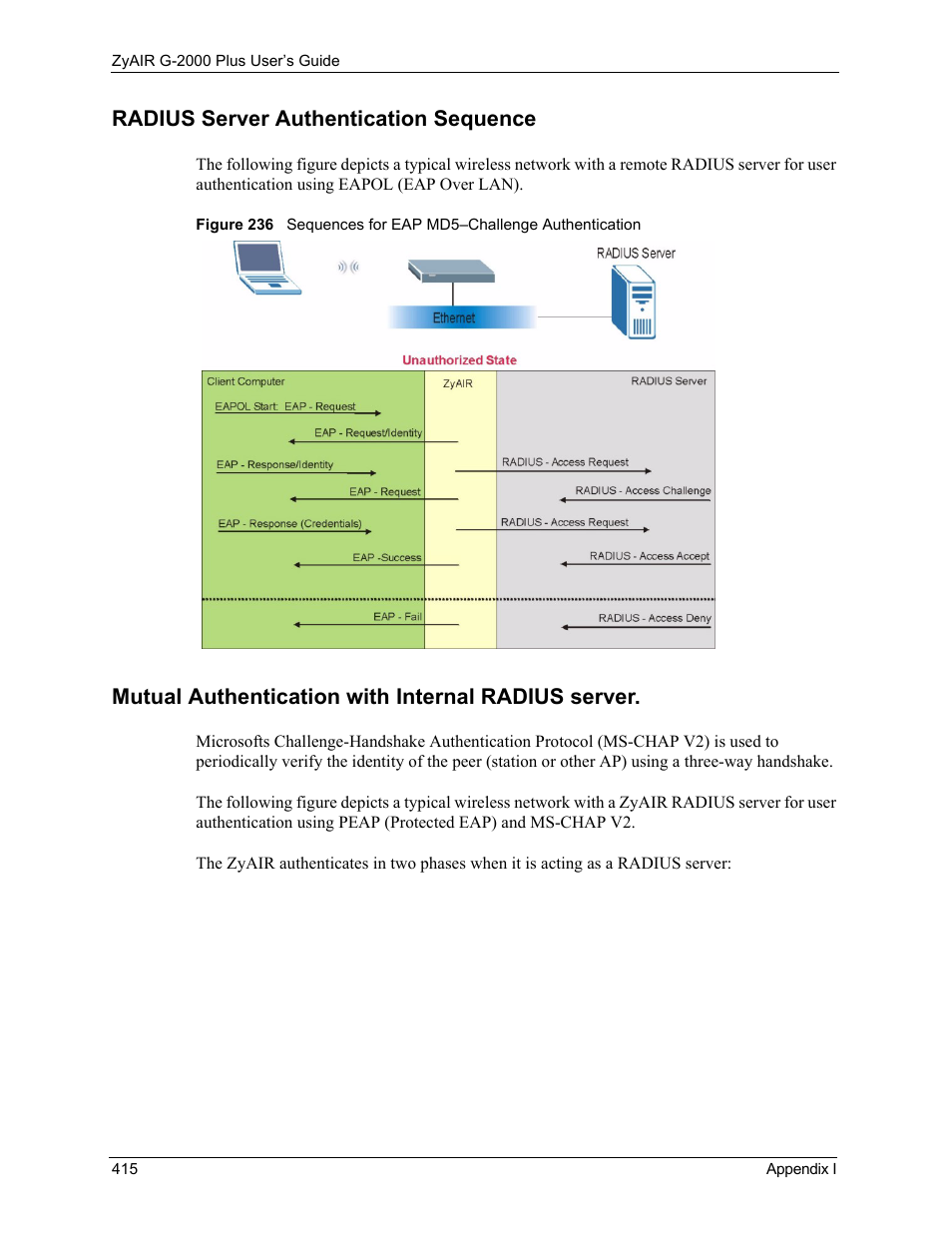 Radius server authentication sequence, Mutual authentication with internal radius server | ZyXEL Communications G-2000 Plus User Manual | Page 416 / 430