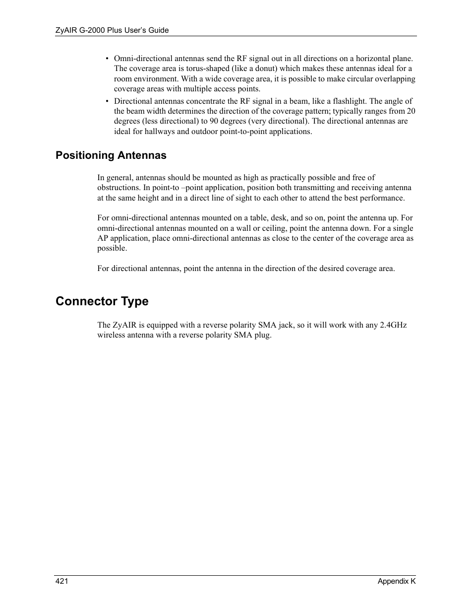 Positioning antennas, Connector type | ZyXEL Communications G-2000 Plus User Manual | Page 422 / 430