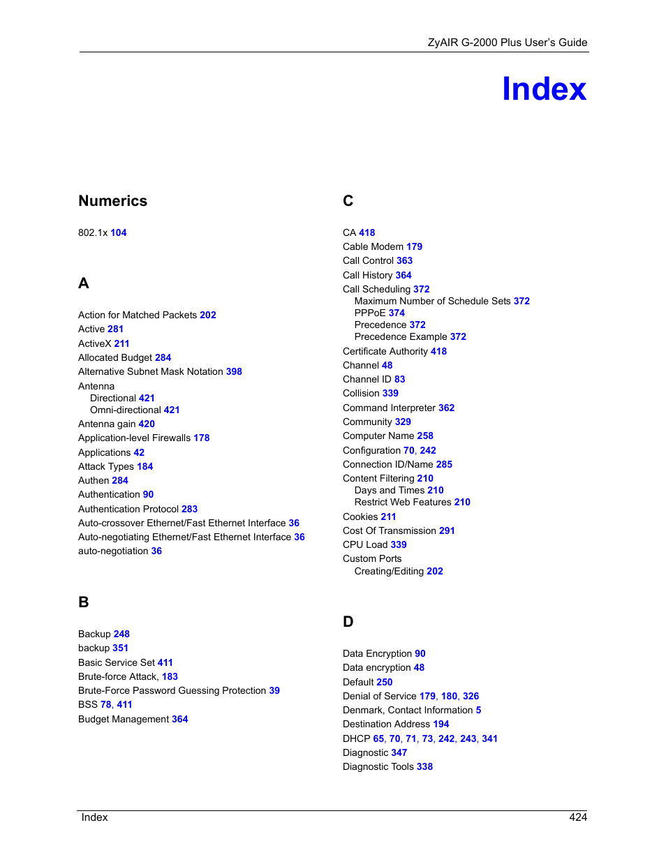 Index, Numerics | ZyXEL Communications G-2000 Plus User Manual | Page 425 / 430