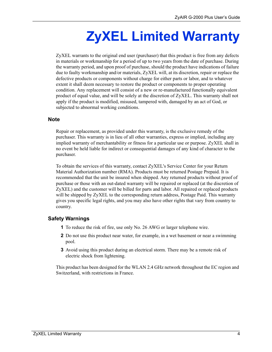 Zyxel limited warranty, Note, Safety warnings | ZyXEL Communications G-2000 Plus User Manual | Page 5 / 430