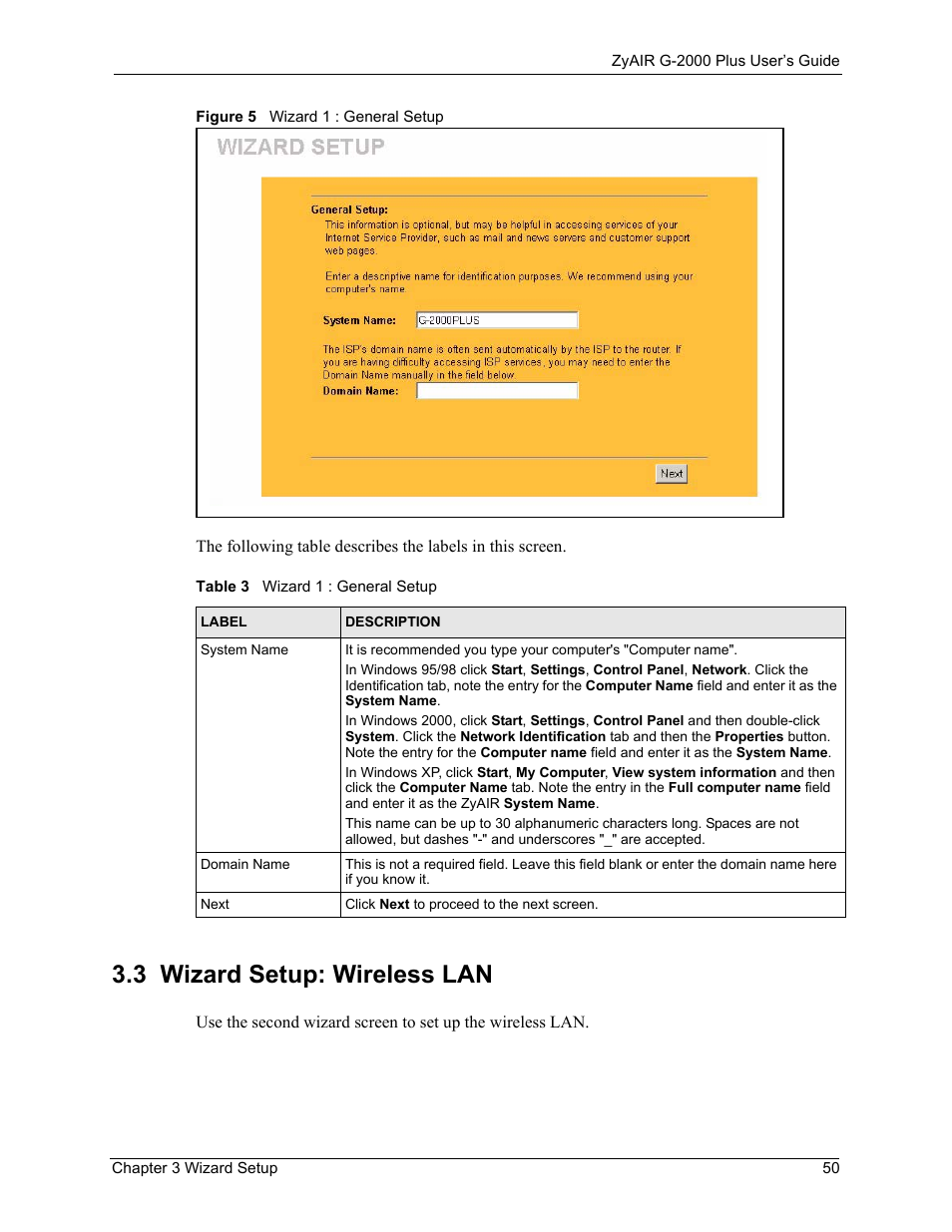 3 wizard setup: wireless lan, Figure 5 wizard 1 : general setup, Table 3 wizard 1 : general setup | ZyXEL Communications G-2000 Plus User Manual | Page 51 / 430