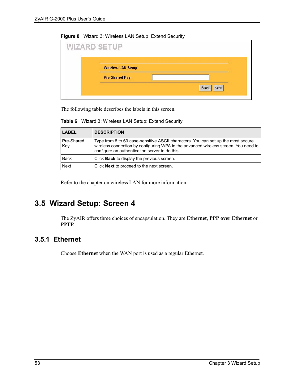 5 wizard setup: screen 4, 1 ethernet | ZyXEL Communications G-2000 Plus User Manual | Page 54 / 430