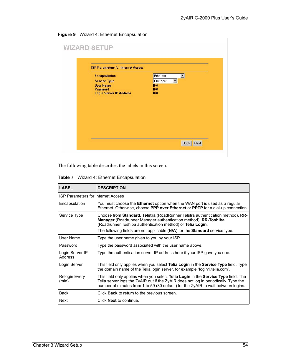 Figure 9 wizard 4: ethernet encapsulation, Table 7 wizard 4: ethernet encapsulation | ZyXEL Communications G-2000 Plus User Manual | Page 55 / 430