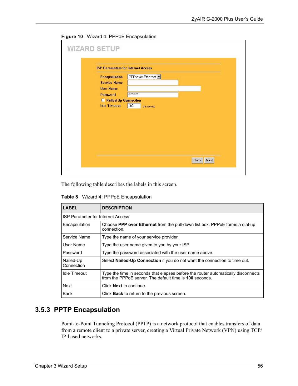 3 pptp encapsulation, Figure 10 wizard 4: pppoe encapsulation, Table 8 wizard 4: pppoe encapsulation | ZyXEL Communications G-2000 Plus User Manual | Page 57 / 430