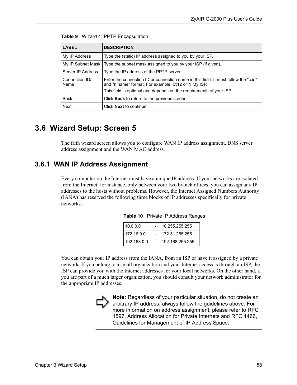 6 wizard setup: screen 5, 1 wan ip address assignment, Table 10 private ip address ranges | ZyXEL Communications G-2000 Plus User Manual | Page 59 / 430