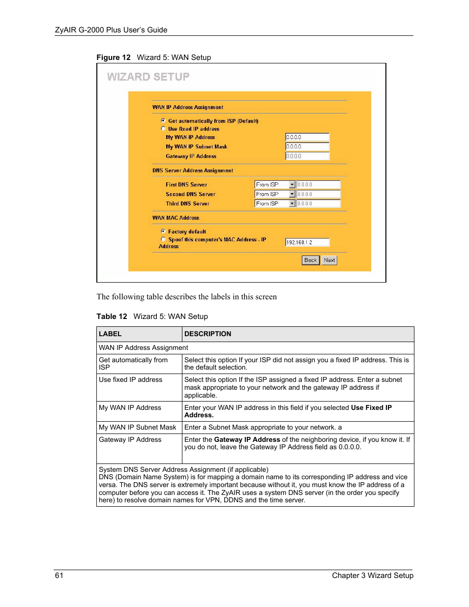 Figure 12 wizard 5: wan setup, Table 12 wizard 5: wan setup | ZyXEL Communications G-2000 Plus User Manual | Page 62 / 430