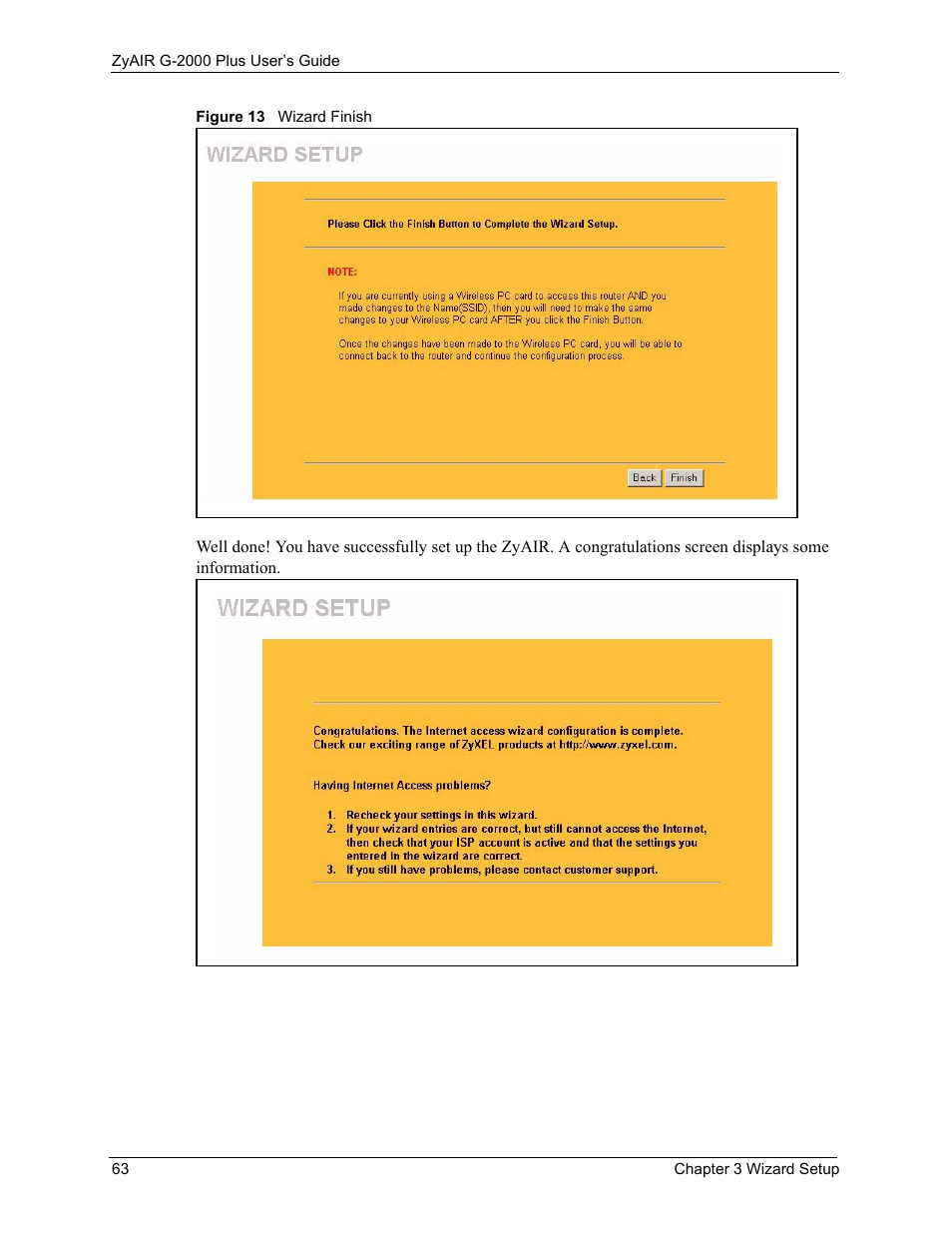 Figure 13 wizard finish | ZyXEL Communications G-2000 Plus User Manual | Page 64 / 430