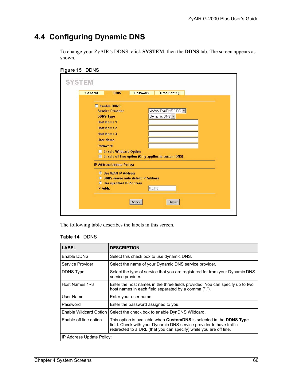 4 configuring dynamic dns, Figure 15 ddns, Table 14 ddns | ZyXEL Communications G-2000 Plus User Manual | Page 67 / 430