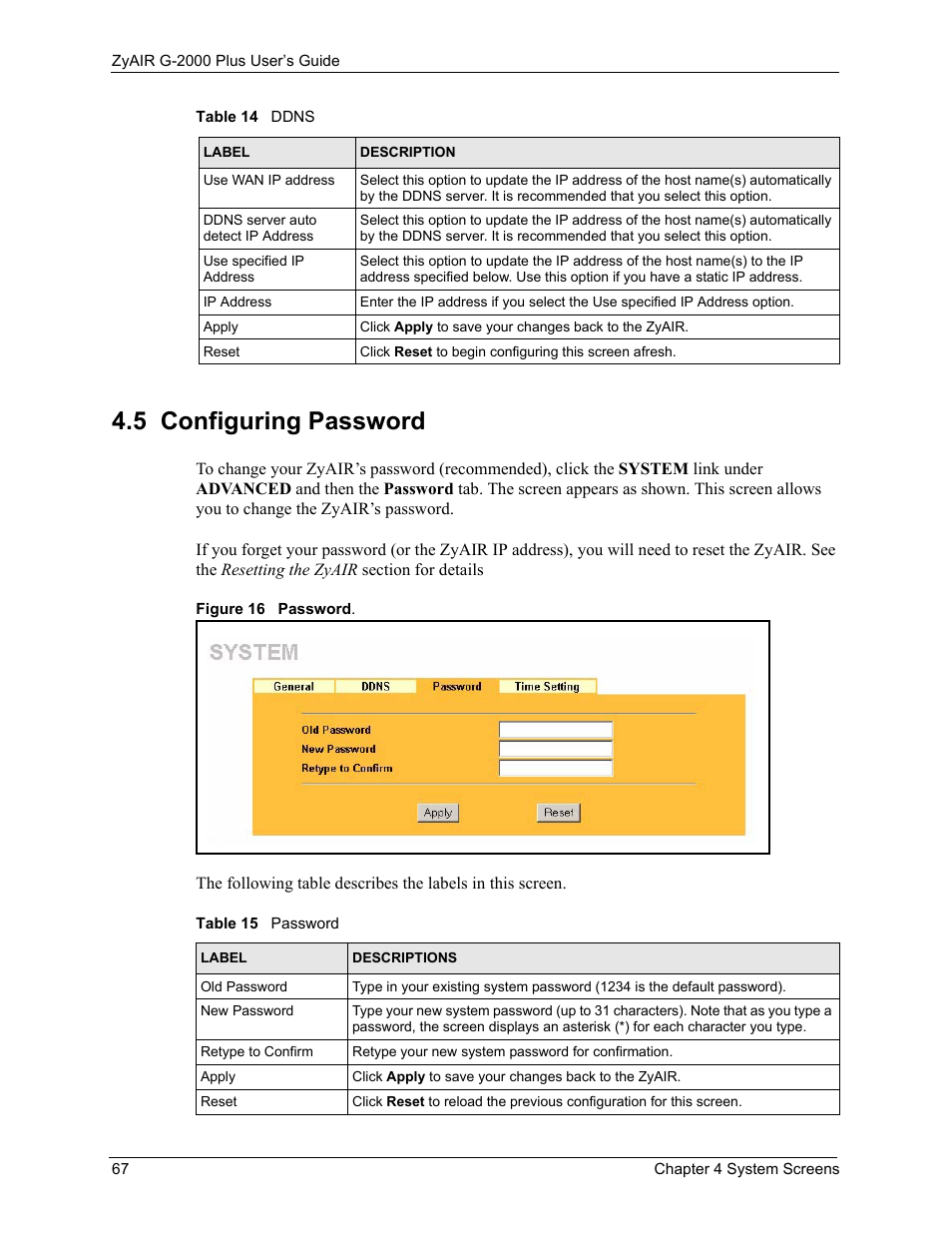 5 configuring password, Figure 16 password, Table 15 password | ZyXEL Communications G-2000 Plus User Manual | Page 68 / 430