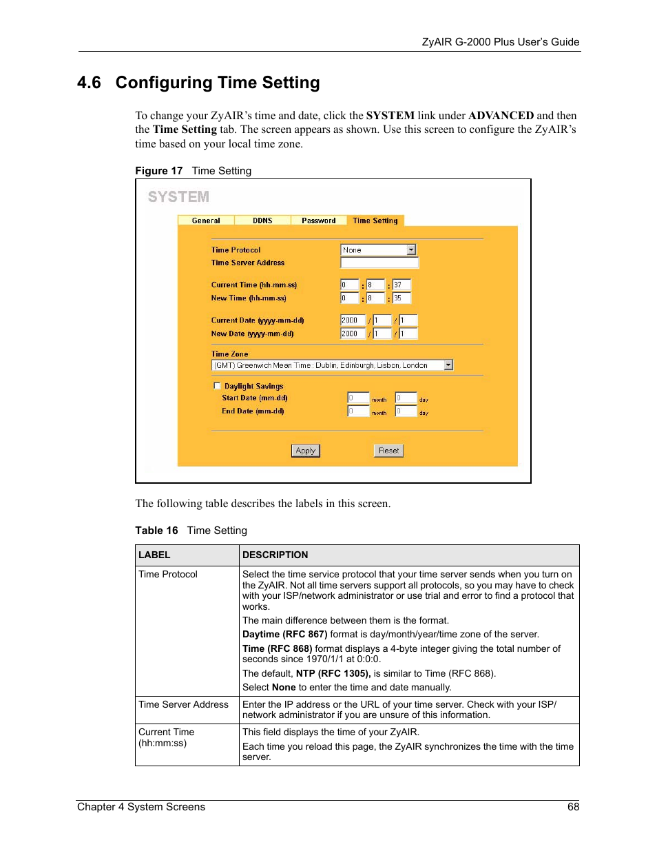 6 configuring time setting, Figure 17 time setting, Table 16 time setting | ZyXEL Communications G-2000 Plus User Manual | Page 69 / 430