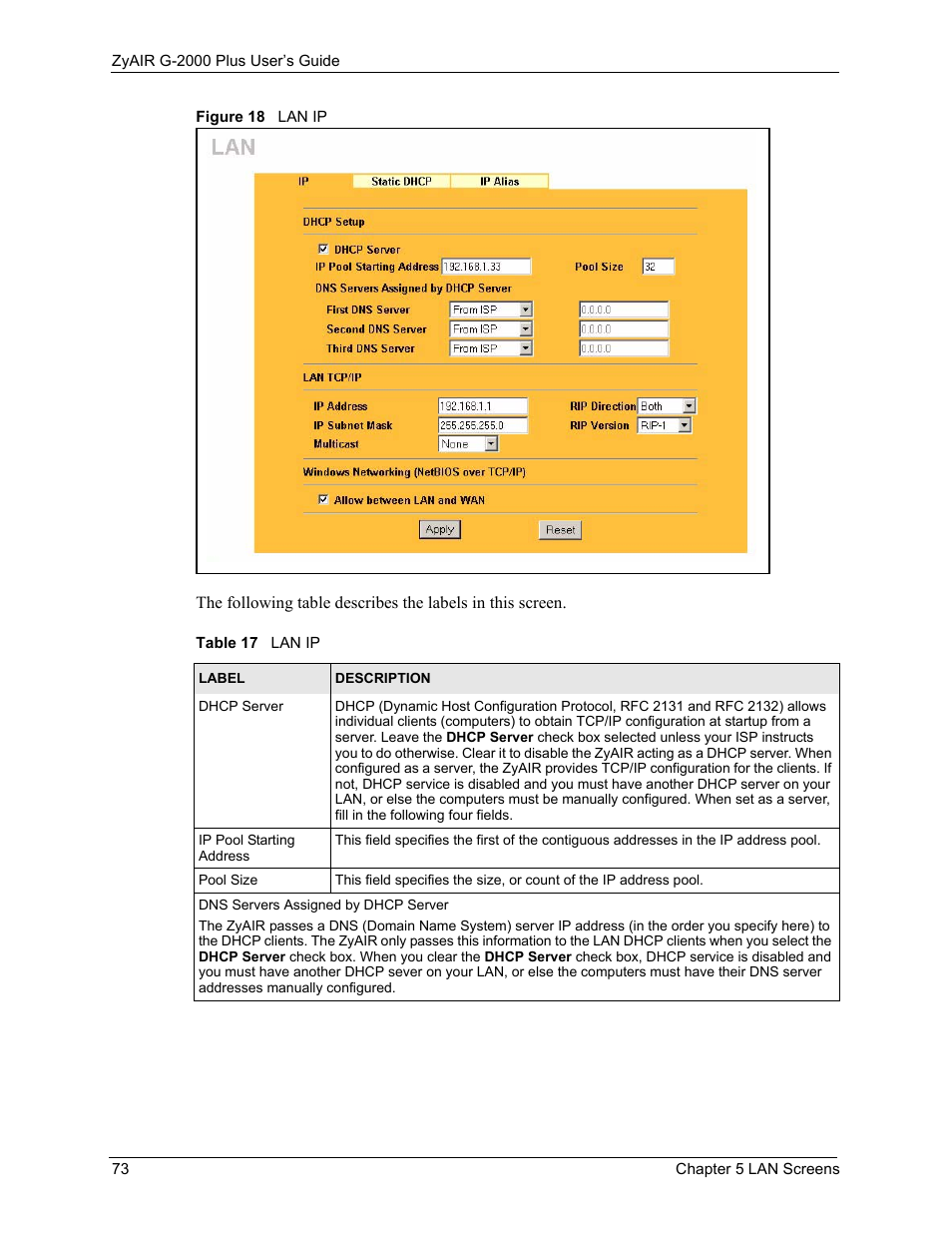Figure 18 lan ip, Table 17 lan ip | ZyXEL Communications G-2000 Plus User Manual | Page 74 / 430