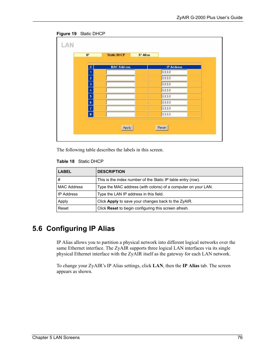 6 configuring ip alias, Figure 19 static dhcp, Table 18 static dhcp | ZyXEL Communications G-2000 Plus User Manual | Page 77 / 430