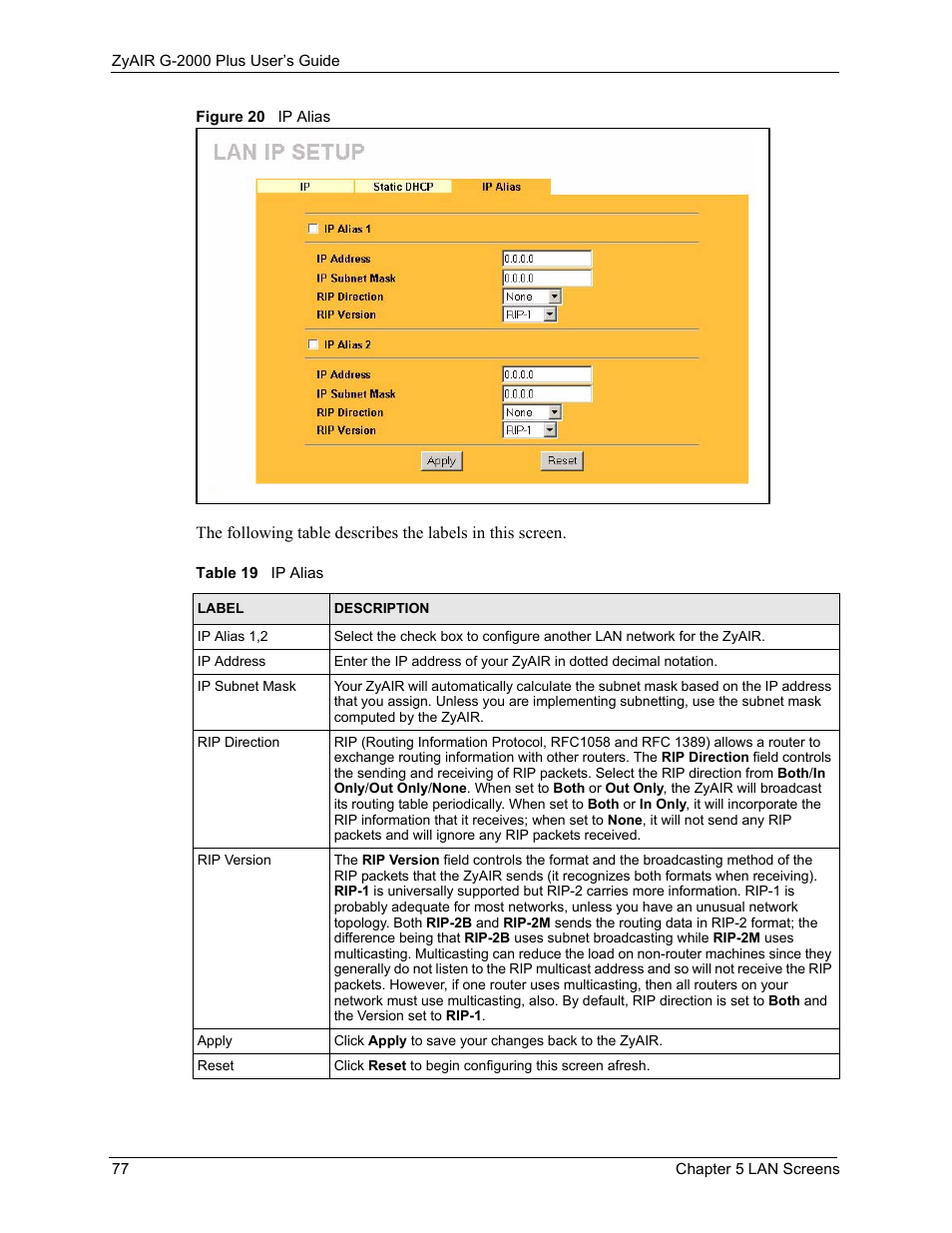 Figure 20 ip alias, Table 19 ip alias | ZyXEL Communications G-2000 Plus User Manual | Page 78 / 430