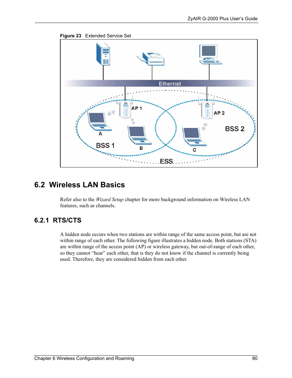 2 wireless lan basics, 1 rts/cts, Figure 23 extended service set | ZyXEL Communications G-2000 Plus User Manual | Page 81 / 430