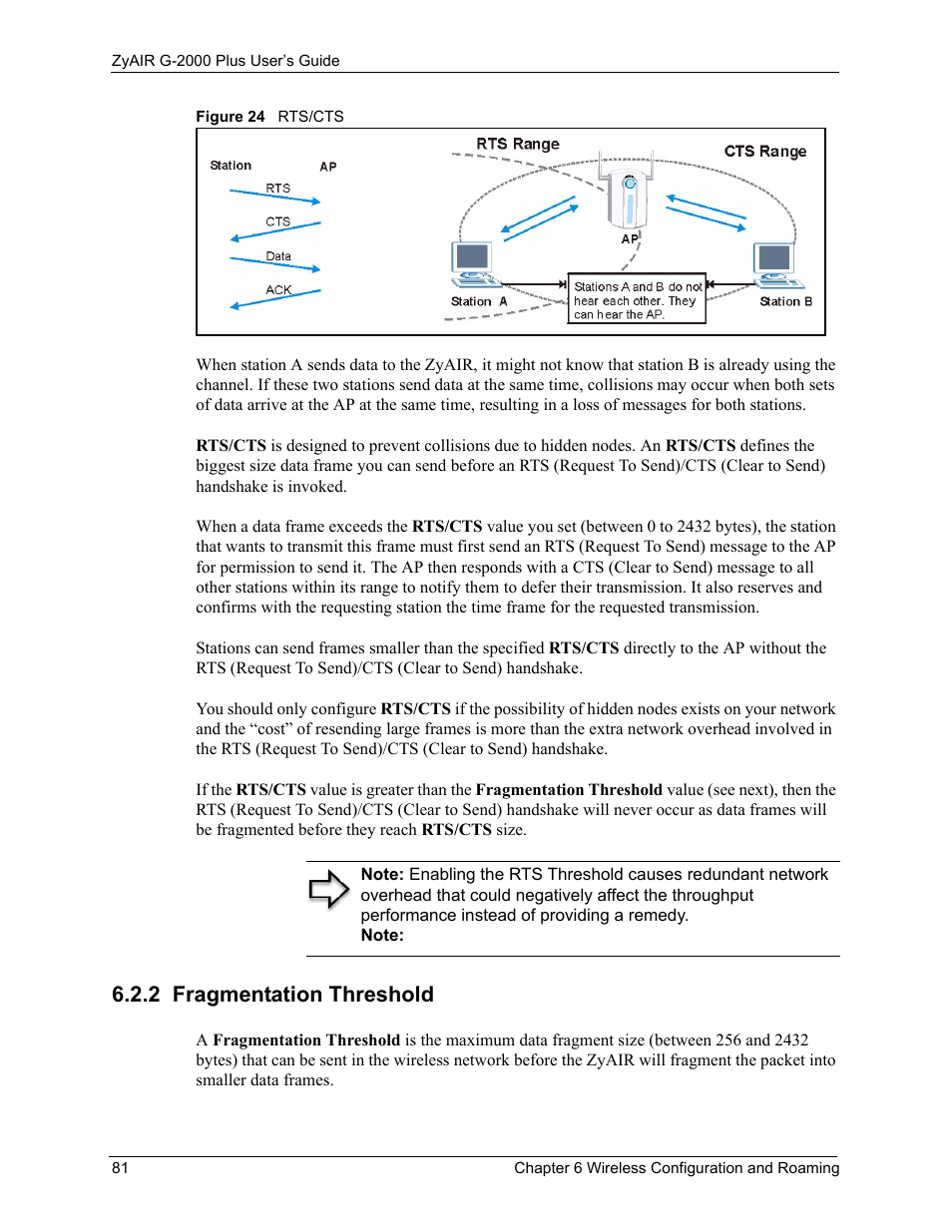 2 fragmentation threshold, Figure 24 rts/cts | ZyXEL Communications G-2000 Plus User Manual | Page 82 / 430
