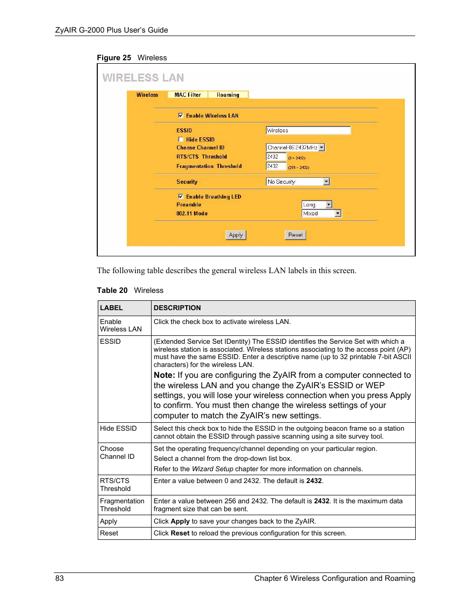 Figure 25 wireless, Table 20 wireless | ZyXEL Communications G-2000 Plus User Manual | Page 84 / 430