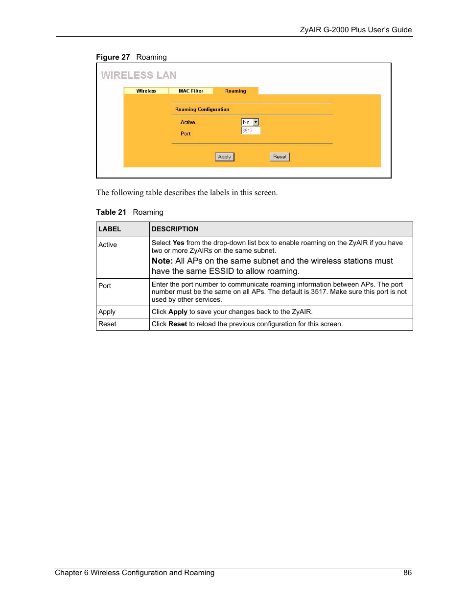 Figure 27 roaming, Table 21 roaming | ZyXEL Communications G-2000 Plus User Manual | Page 87 / 430