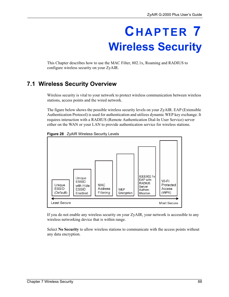 Wireless security, 1 wireless security overview, Chapter 7 wireless security | Figure 28 zyair wireless security levels | ZyXEL Communications G-2000 Plus User Manual | Page 89 / 430
