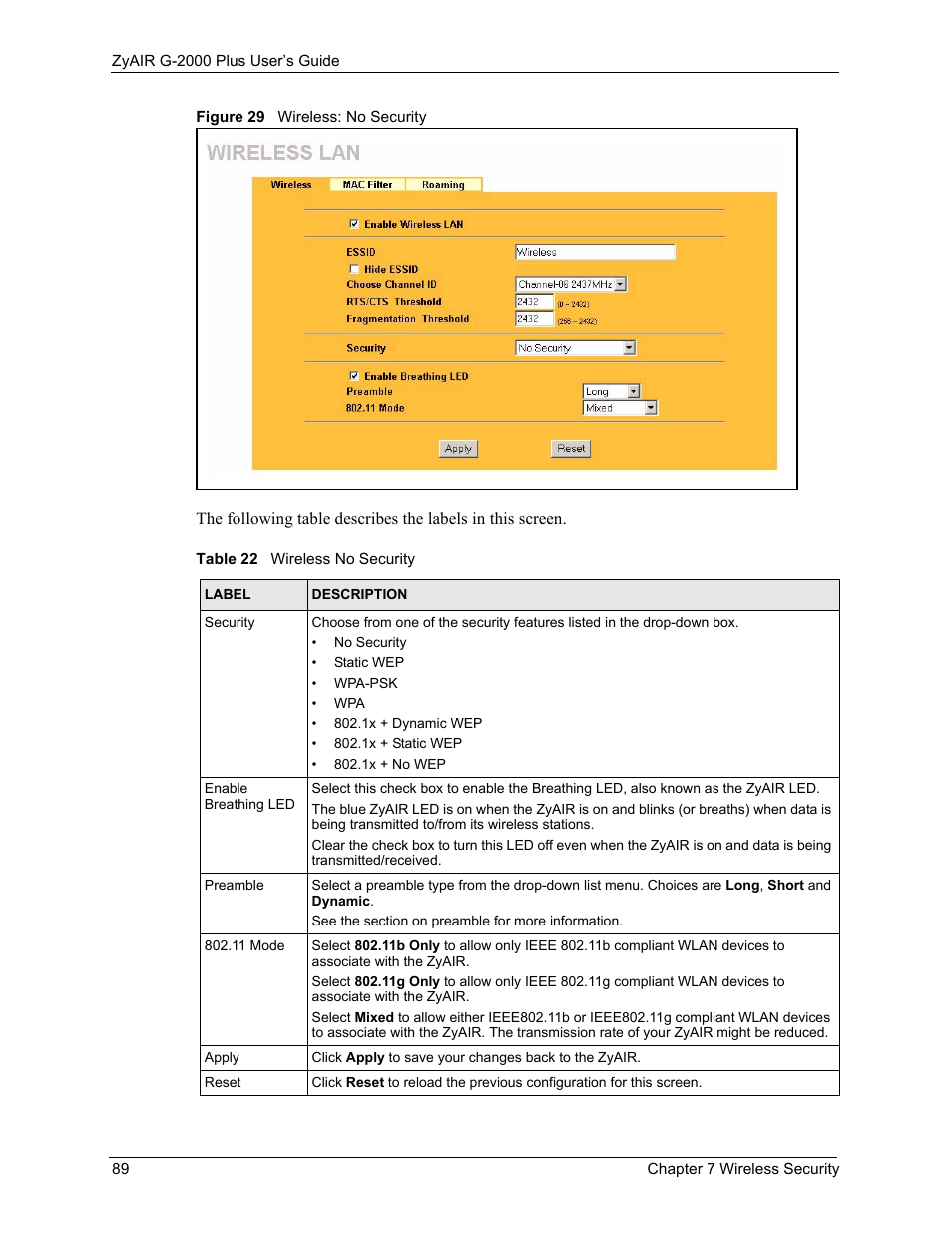 Figure 29 wireless: no security, Table 22 wireless no security | ZyXEL Communications G-2000 Plus User Manual | Page 90 / 430