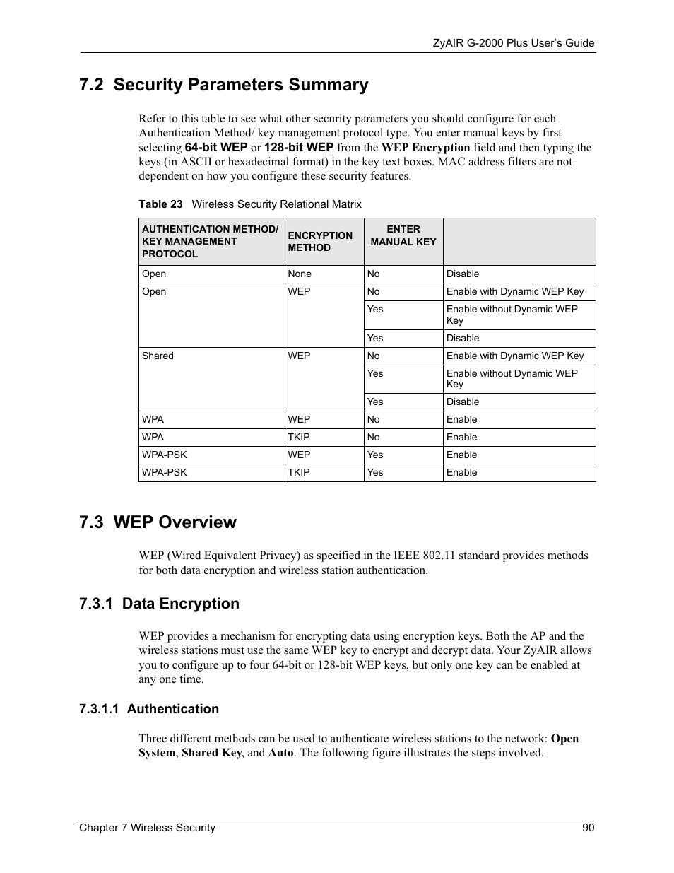 2 security parameters summary, 3 wep overview, 1 data encryption | 1 authentication, 2 security parameters summary 7.3 wep overview, Table 23 wireless security relational matrix | ZyXEL Communications G-2000 Plus User Manual | Page 91 / 430