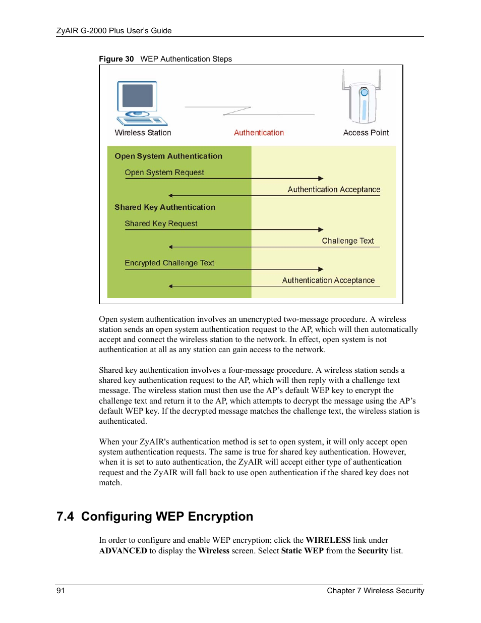 4 configuring wep encryption, Figure 30 wep authentication steps | ZyXEL Communications G-2000 Plus User Manual | Page 92 / 430