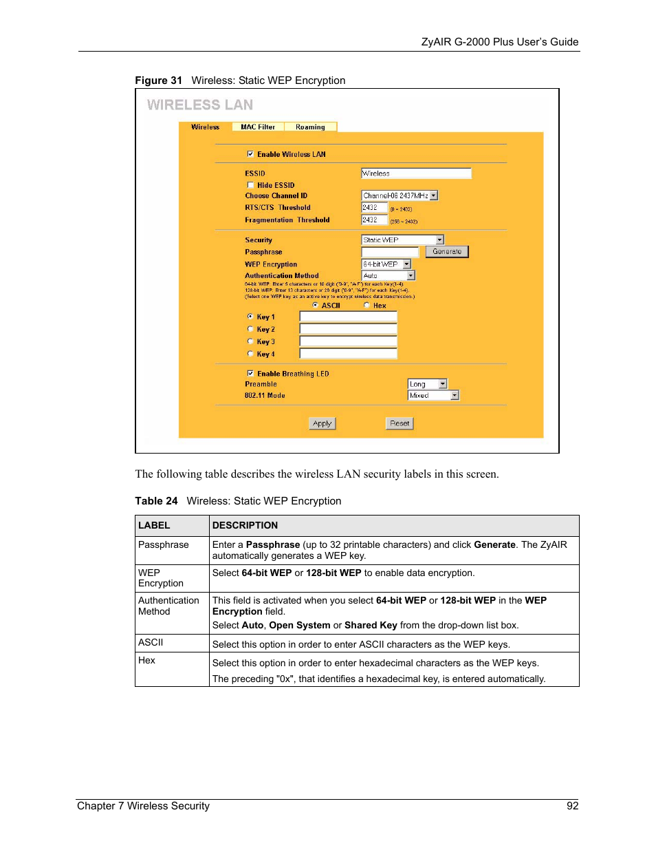 Figure 31 wireless: static wep encryption, Table 24 wireless: static wep encryption | ZyXEL Communications G-2000 Plus User Manual | Page 93 / 430
