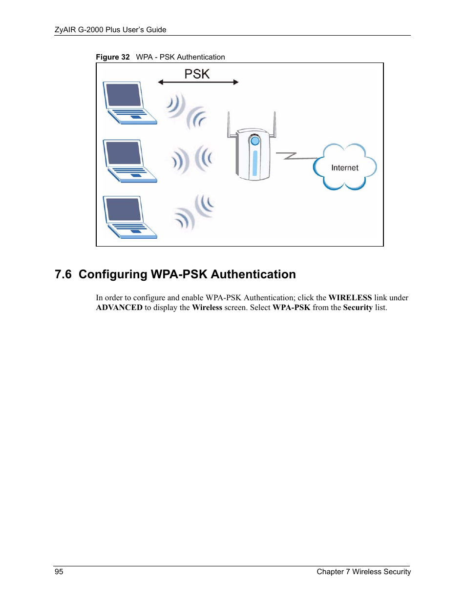 6 configuring wpa-psk authentication, Figure 32 wpa - psk authentication | ZyXEL Communications G-2000 Plus User Manual | Page 96 / 430