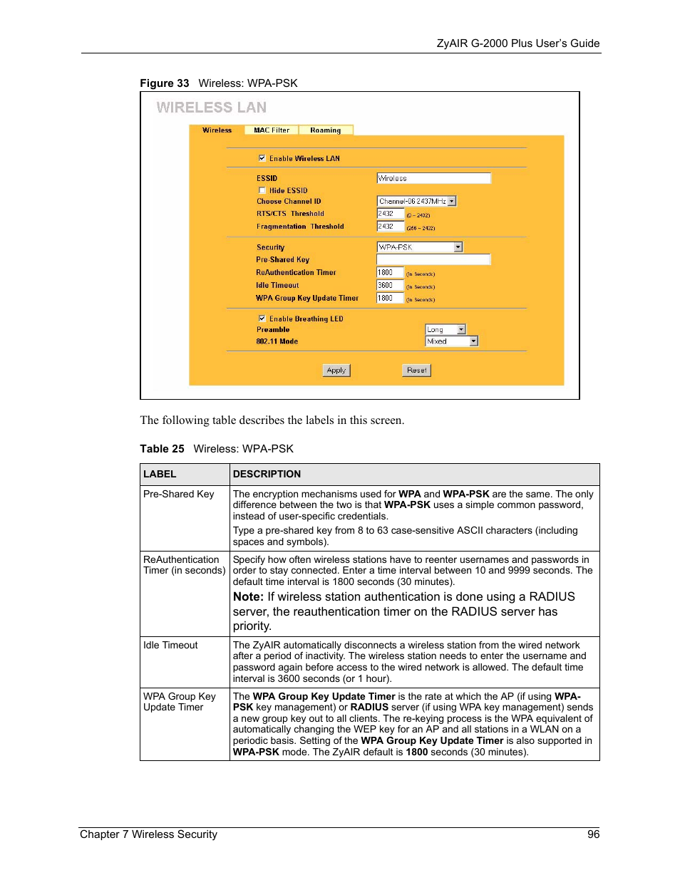 Figure 33 wireless: wpa-psk, Table 25 wireless: wpa-psk | ZyXEL Communications G-2000 Plus User Manual | Page 97 / 430