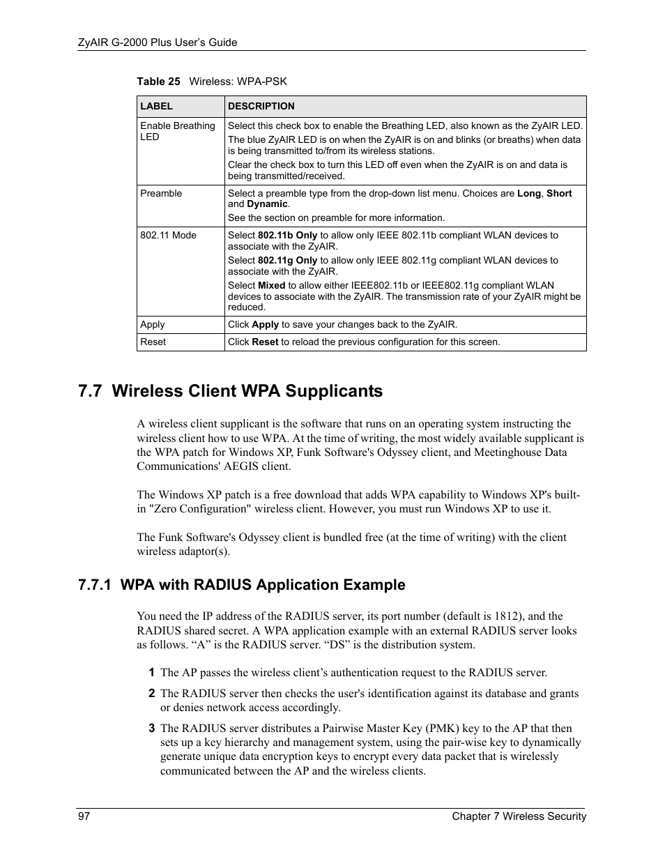 7 wireless client wpa supplicants, 1 wpa with radius application example | ZyXEL Communications G-2000 Plus User Manual | Page 98 / 430