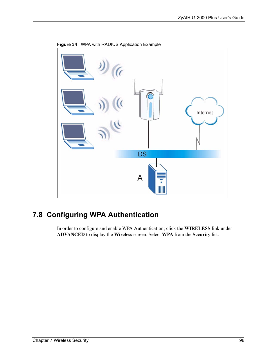 8 configuring wpa authentication, Figure 34 wpa with radius application example | ZyXEL Communications G-2000 Plus User Manual | Page 99 / 430