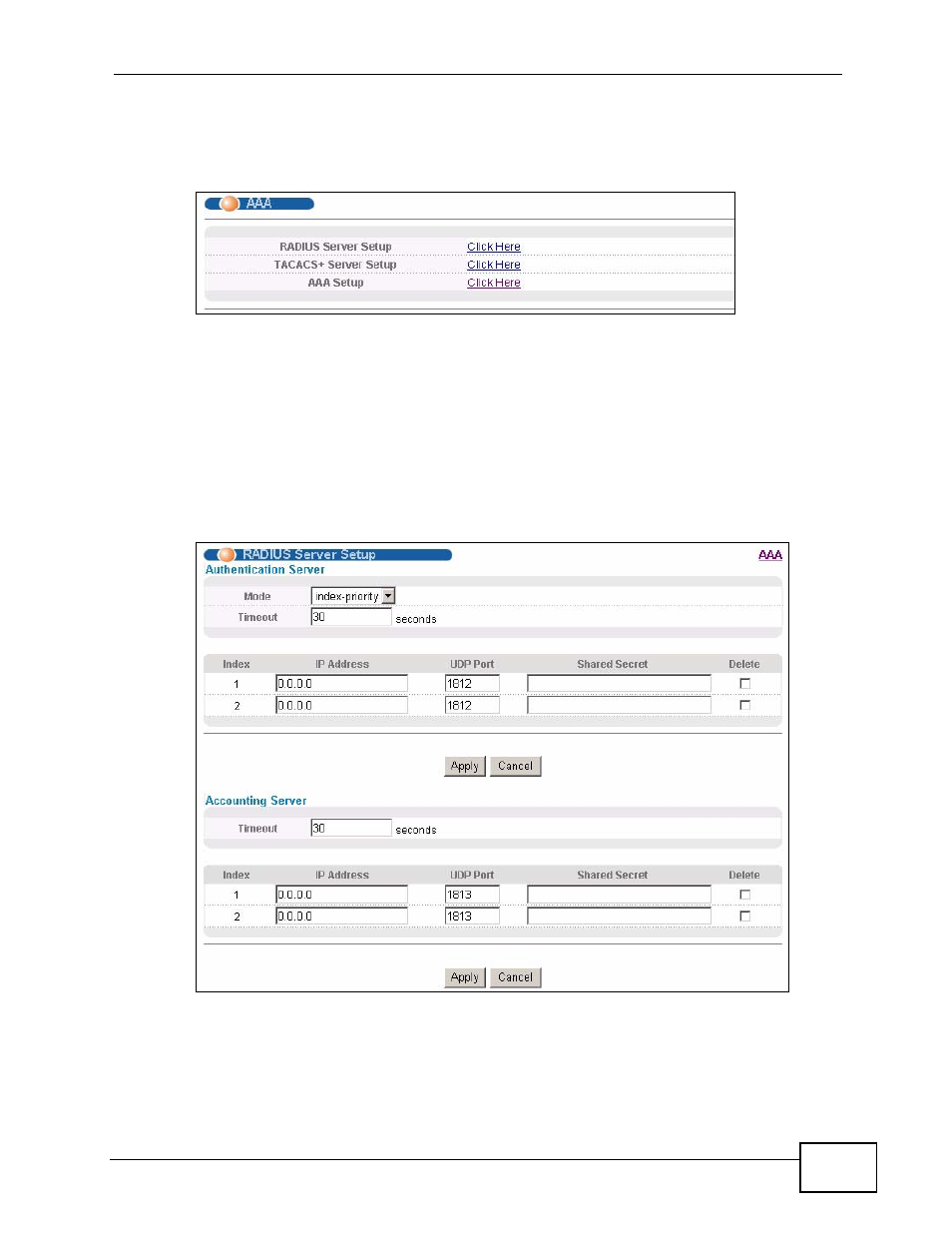 1 radius server setup | ZyXEL Communications XGS-4526 User Manual | Page 225 / 442
