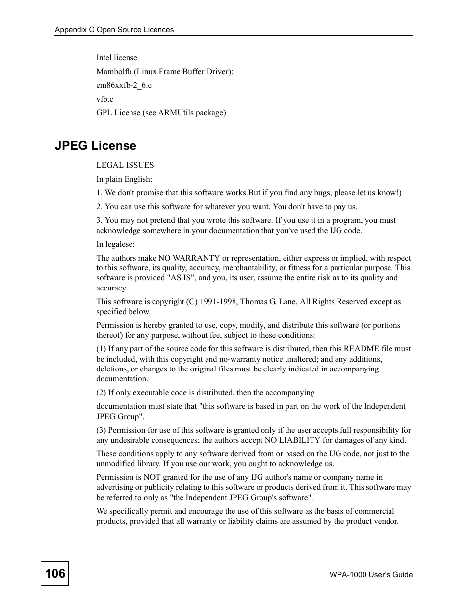 Jpeg license | ZyXEL Communications WPA-1000 User Manual | Page 106 / 160