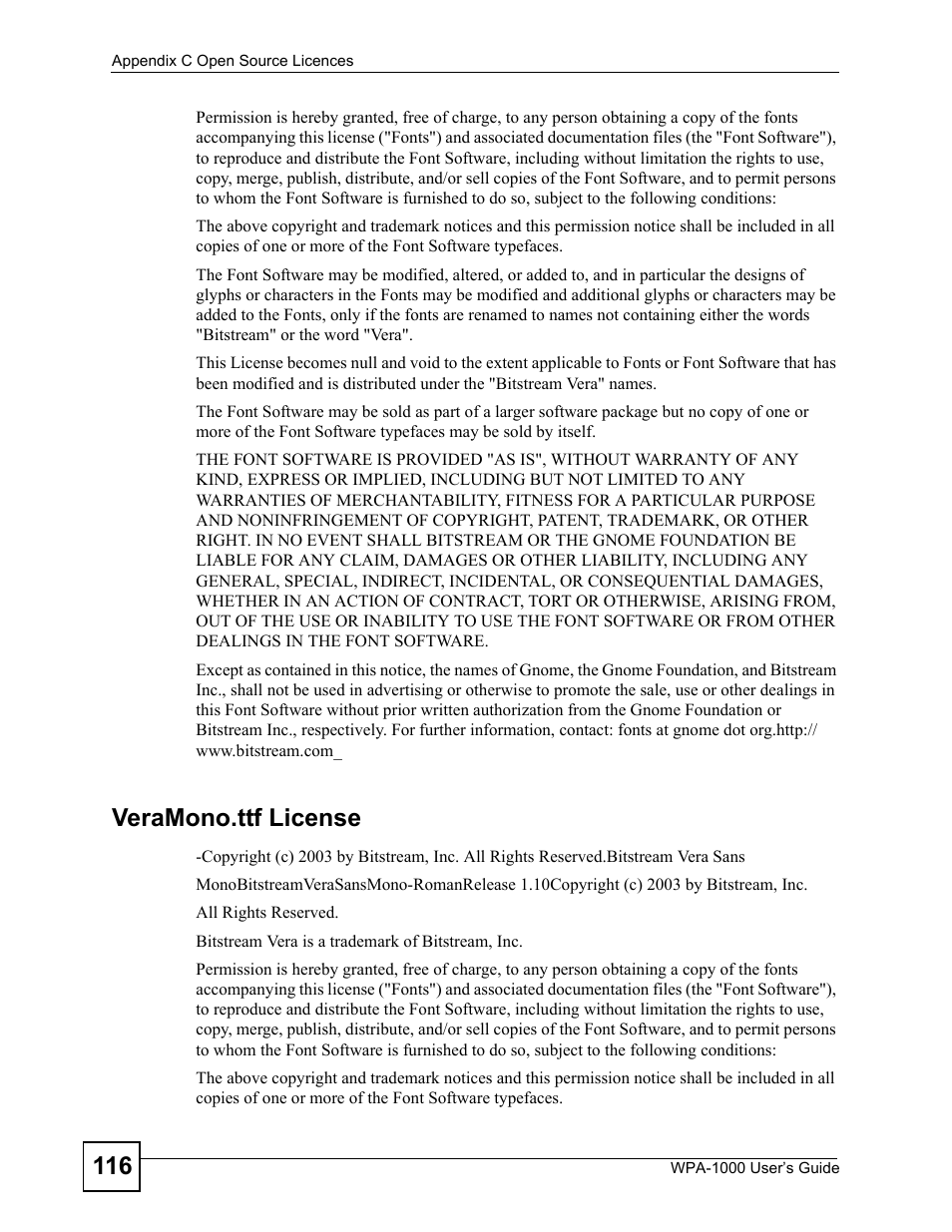 Veramono.ttf license | ZyXEL Communications WPA-1000 User Manual | Page 116 / 160