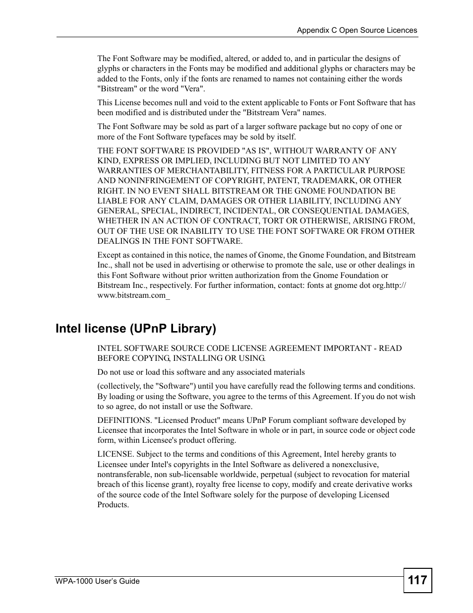 Intel license (upnp library) | ZyXEL Communications WPA-1000 User Manual | Page 117 / 160