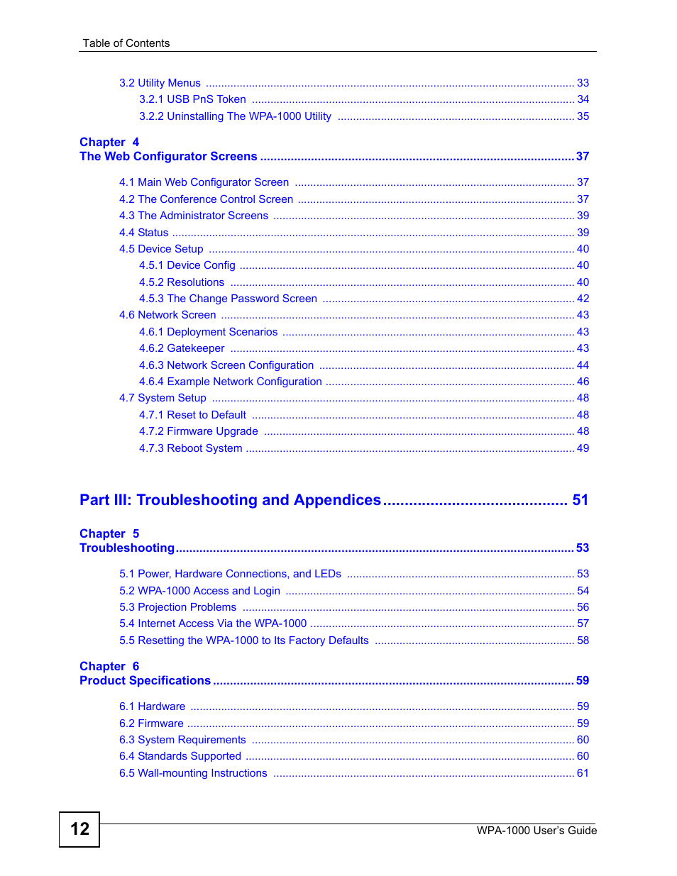 Part iii: troubleshooting and appendices | ZyXEL Communications WPA-1000 User Manual | Page 12 / 160