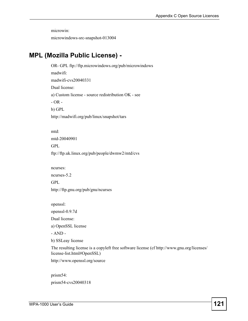 Mpl (mozilla public license) | ZyXEL Communications WPA-1000 User Manual | Page 121 / 160