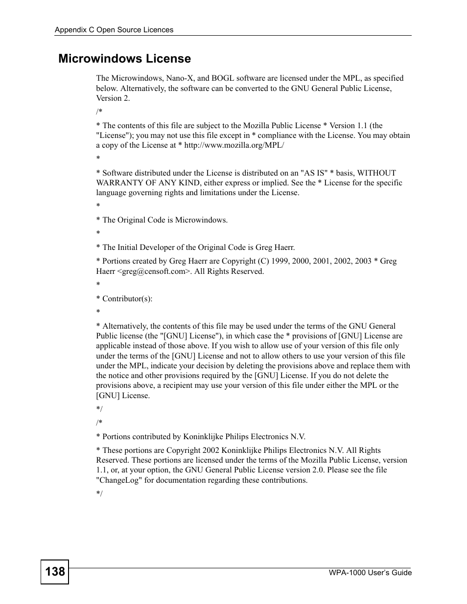 138 microwindows license | ZyXEL Communications WPA-1000 User Manual | Page 138 / 160
