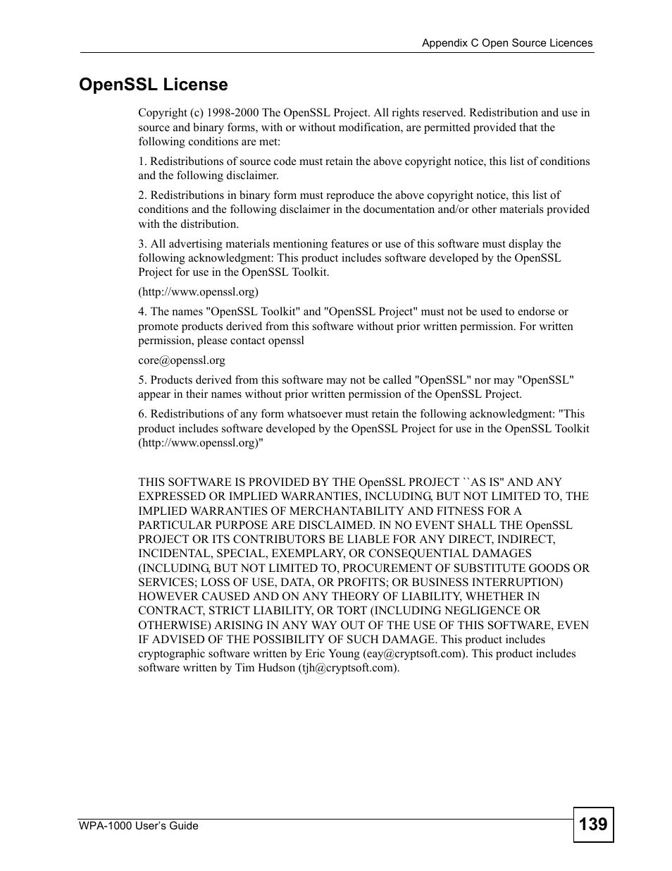 139 openssl license | ZyXEL Communications WPA-1000 User Manual | Page 139 / 160