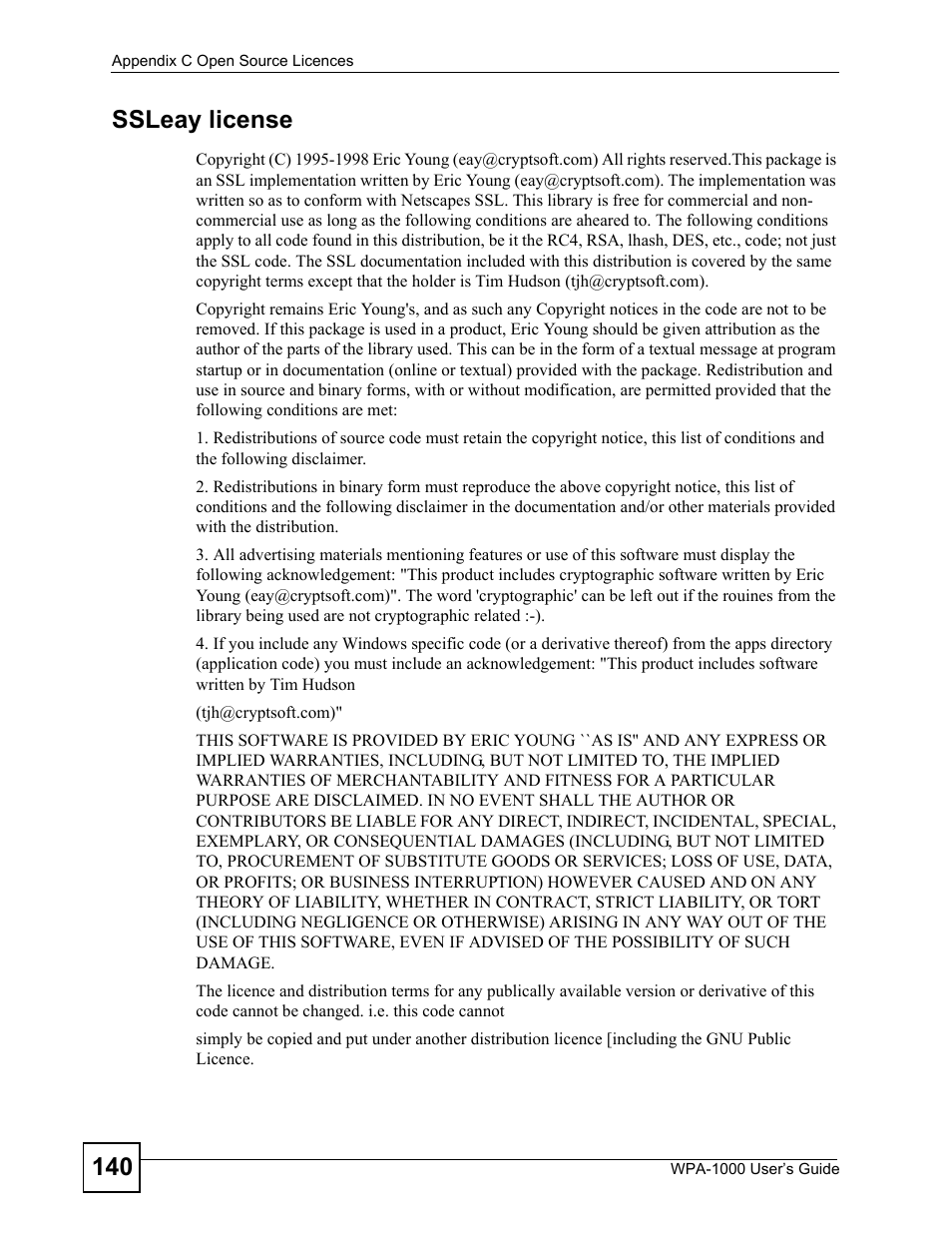 140 ssleay license | ZyXEL Communications WPA-1000 User Manual | Page 140 / 160