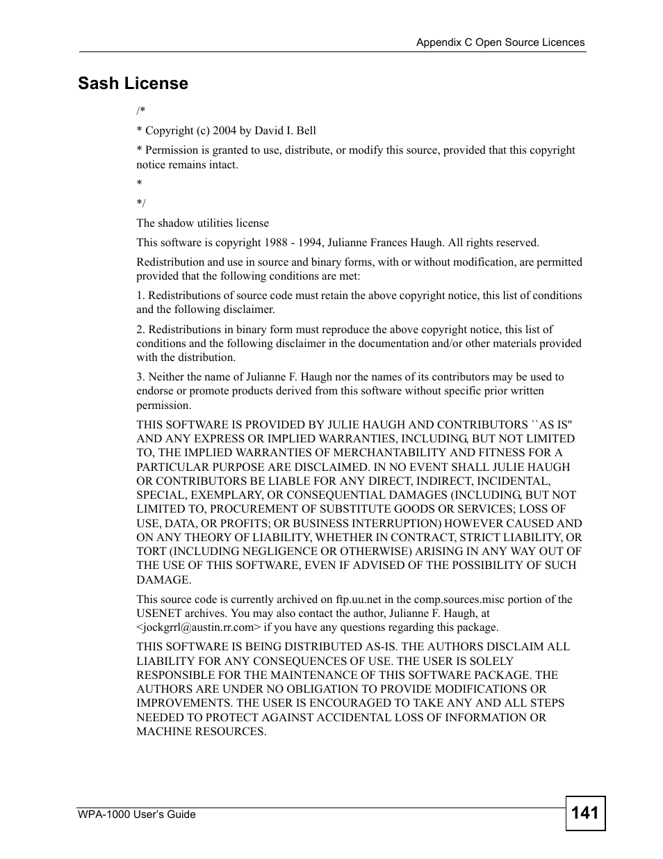 141 sash license | ZyXEL Communications WPA-1000 User Manual | Page 141 / 160