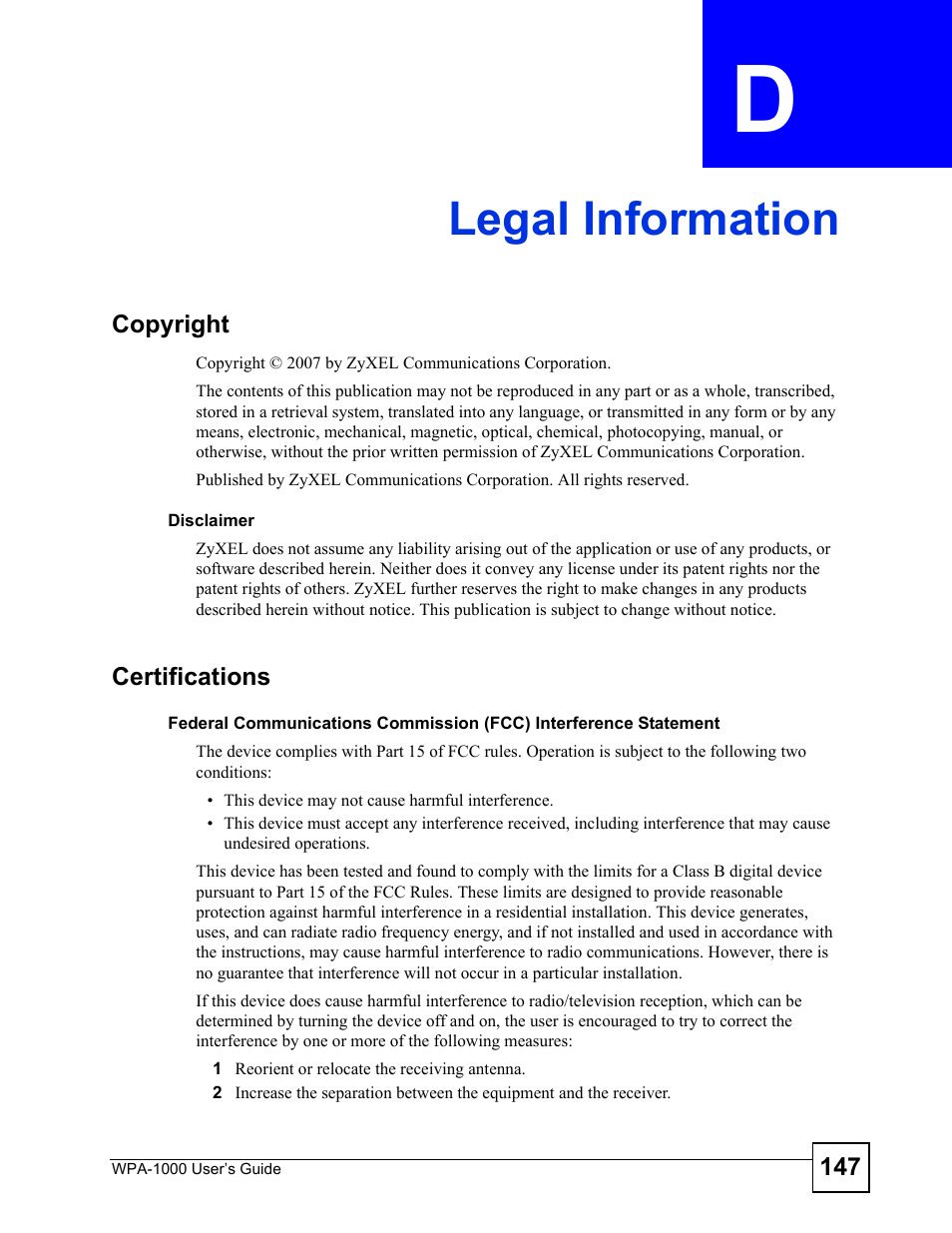 Legal information, Appendix d legal information, Legal information (147) | ZyXEL Communications WPA-1000 User Manual | Page 147 / 160