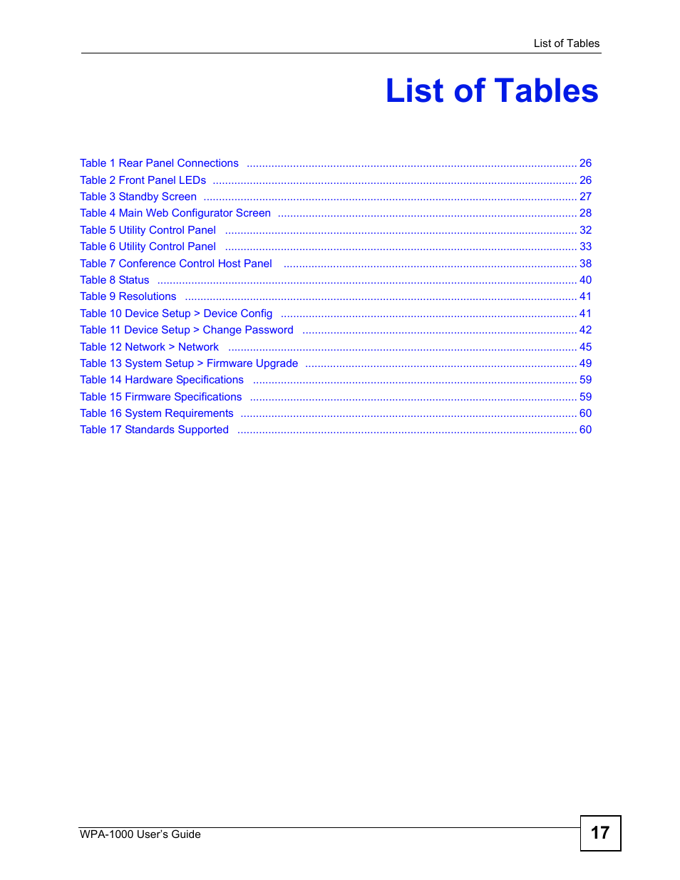 List of tables | ZyXEL Communications WPA-1000 User Manual | Page 17 / 160