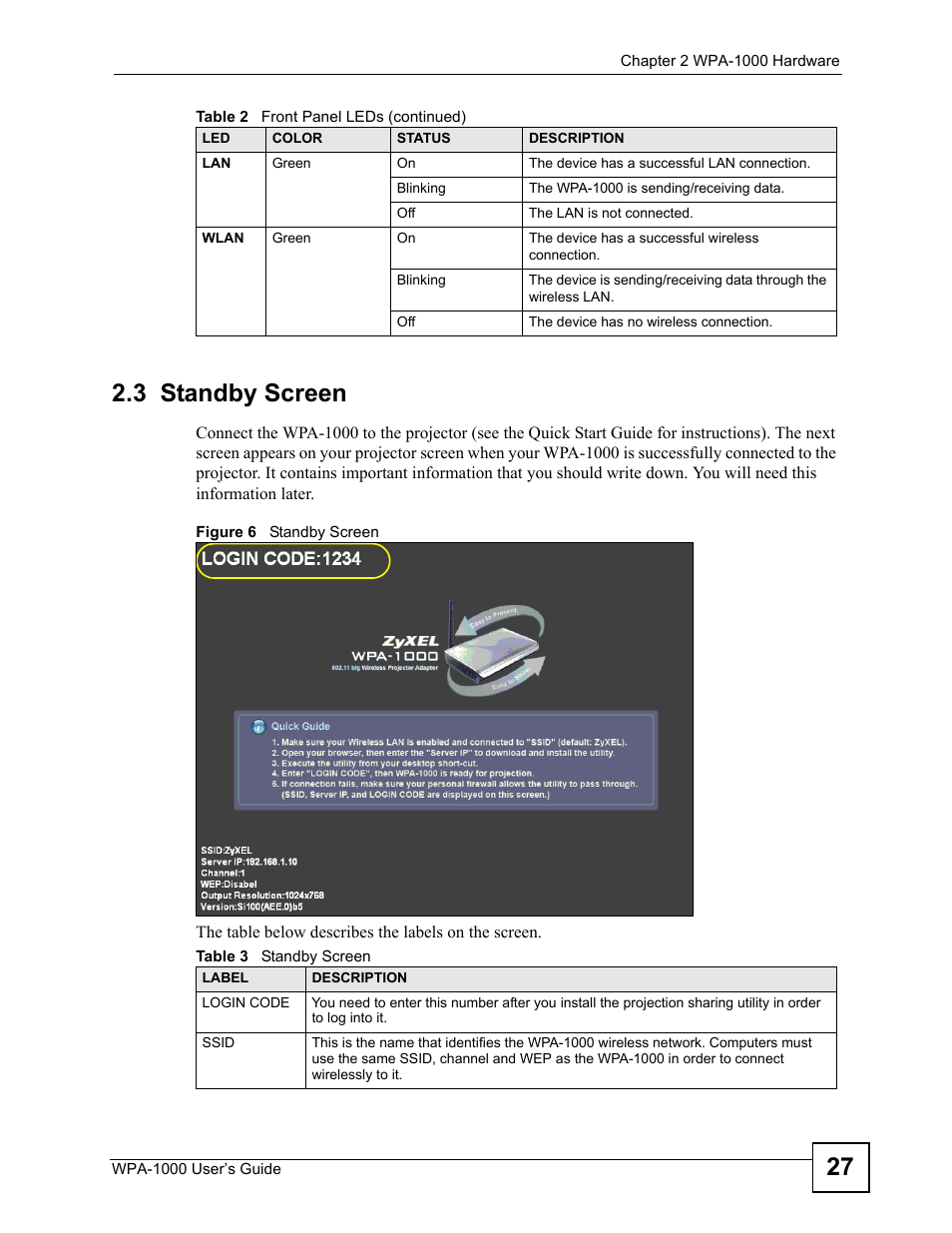 3 standby screen, Figure 6 standby screen, Table 3 standby screen | 27 2.3 standby screen | ZyXEL Communications WPA-1000 User Manual | Page 27 / 160