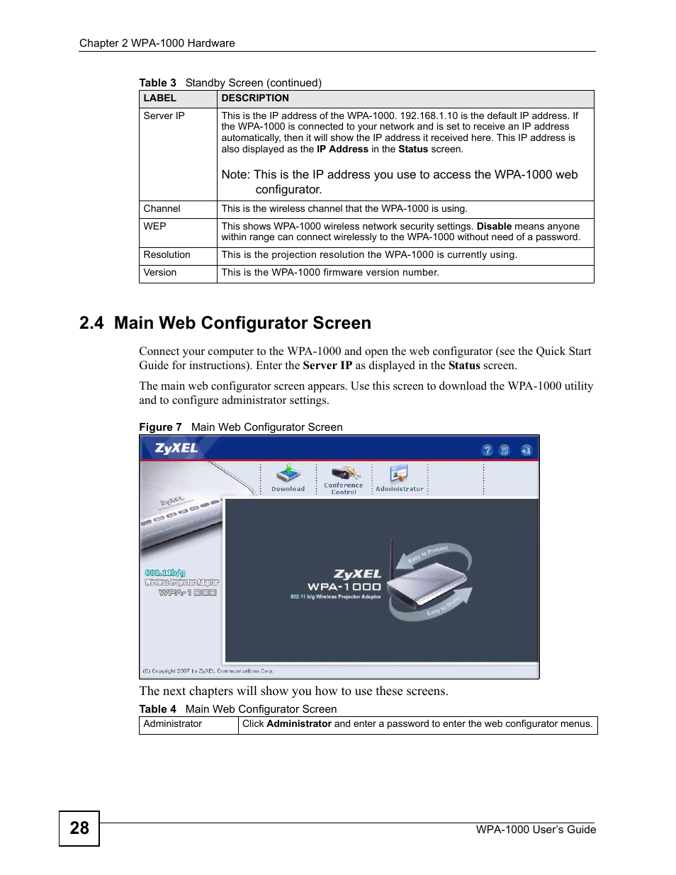 4 main web configurator screen, Figure 7 main web configurator screen, Table 4 main web configurator screen | 28 2.4 main web configurator screen | ZyXEL Communications WPA-1000 User Manual | Page 28 / 160