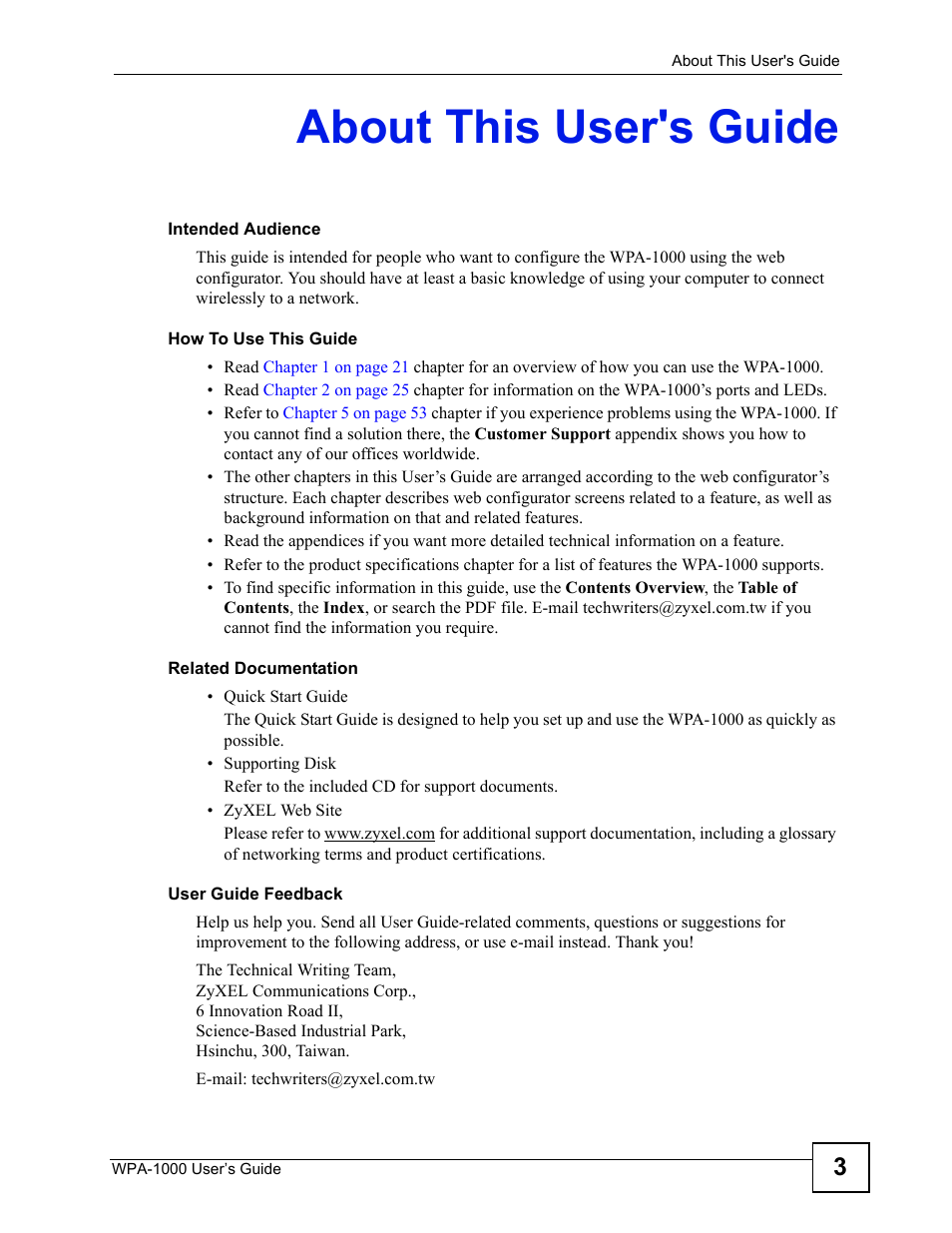 About this user's guide | ZyXEL Communications WPA-1000 User Manual | Page 3 / 160