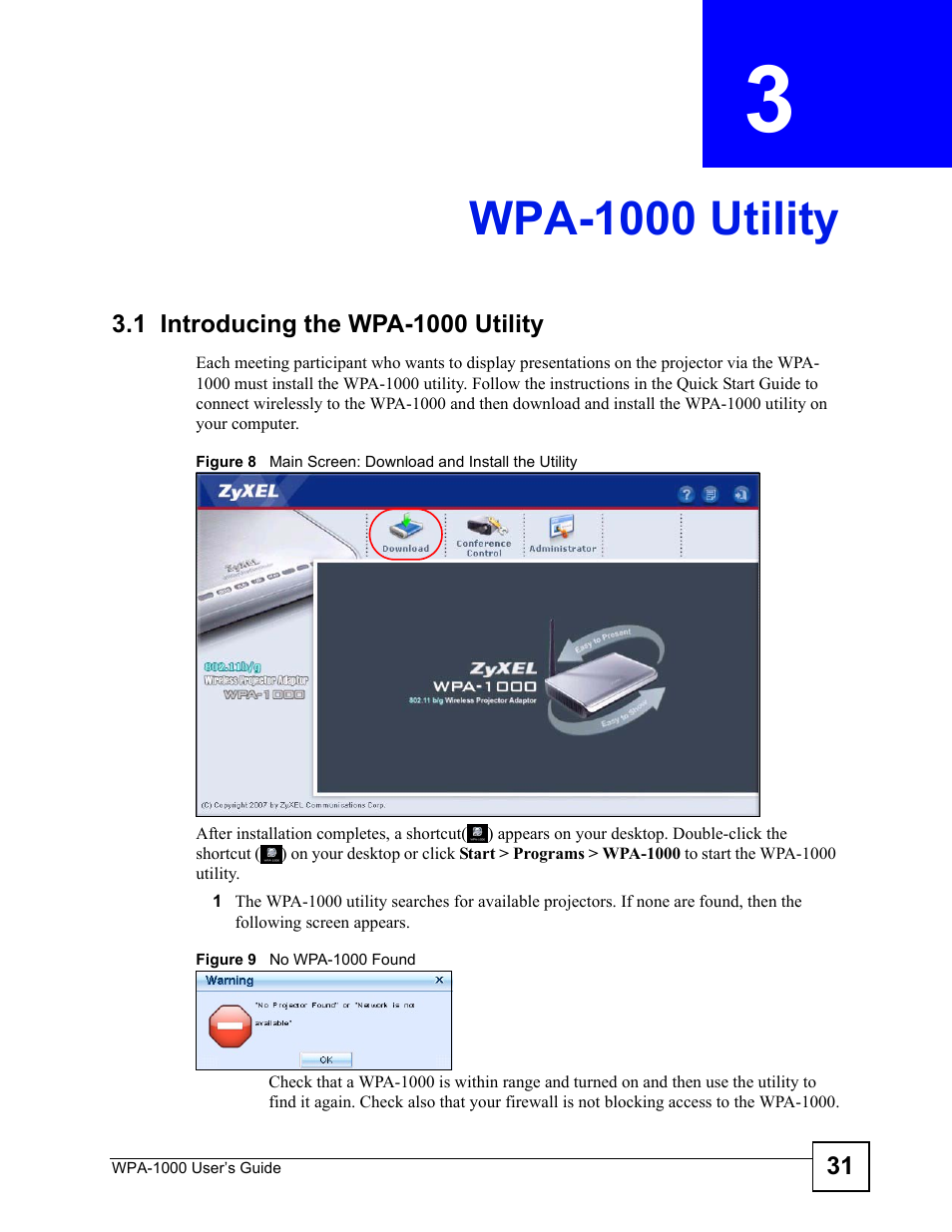 Wpa-1000 utility, 1 introducing the wpa-1000 utility, Chapter 3 wpa-1000 utility | ZyXEL Communications WPA-1000 User Manual | Page 31 / 160