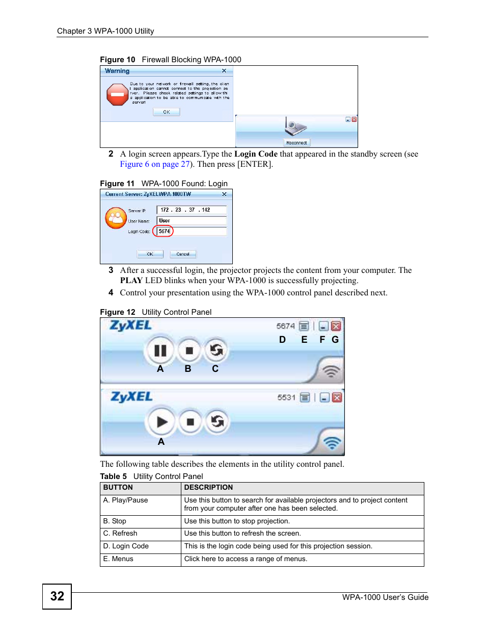 Table 5 utility control panel | ZyXEL Communications WPA-1000 User Manual | Page 32 / 160
