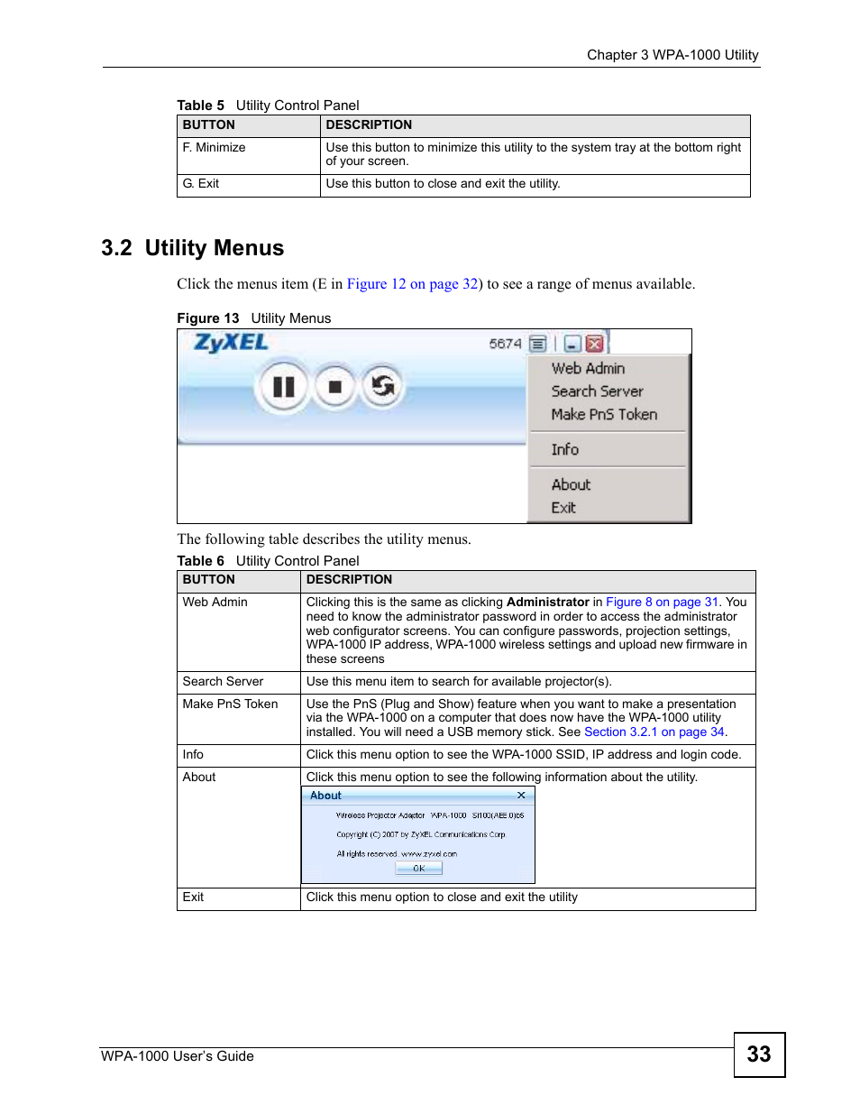 2 utility menus, Figure 13 utility menus, Table 6 utility control panel | 33 3.2 utility menus | ZyXEL Communications WPA-1000 User Manual | Page 33 / 160